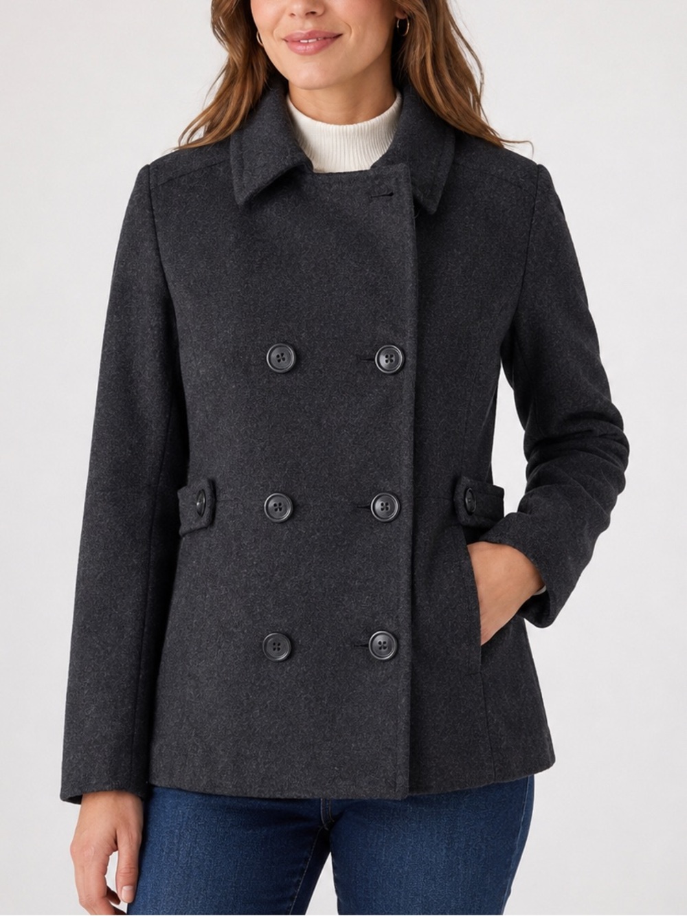 St. John’s Bay Petite Large Wool Blend Charcoal Gray Peacoat